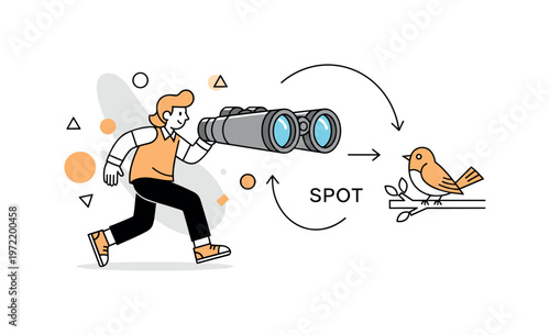Birdwatching. A single pair of binoculars is the main focus, pointed toward a small bird perched on a branch. Subtle arrows and a ?SPOT? label emphasize