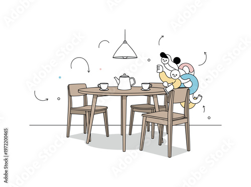 Minimalist breakfast table scene. A round timber dining table with coordinated chairs is highlighted in a clean open space, with a teapot and two cups creating