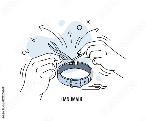 Handmade collar creation. A person carefully stitches or assembles a pet collar using simple tools, with motion lines showing craftsmanship. A small ?HANDMADE?
