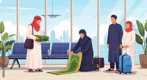 Muslim family at airport.