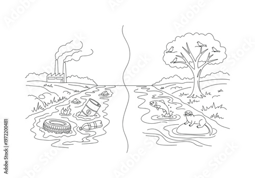 "River Restoration Comparison". Minimalistic one-line drawing a split scene of a polluted river transforming into a clean flowing stream with simple