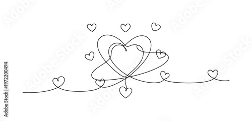 "Elegant Valentine Design". Minimalistic one-line drawing a large central heart with smaller hearts orbiting around in a balanced layout, continuous single