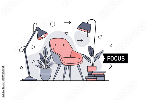 Furniture statement. A single stylish chair or table is the focal point, surrounded by complementary elements like lamps, plants, and minimal decor. A ?FOCUS?