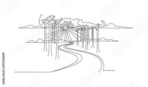 "Forest path with sun rays morning mist". Minimalistic one-line drawing winding forest path with sun rays filtering through trees and soft mist