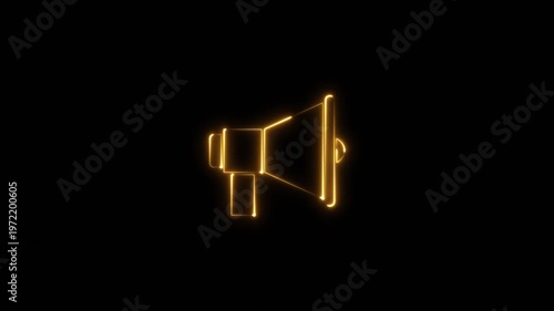 Neon speaker loud sound on black background. Neon glowing megaphone icon animation.