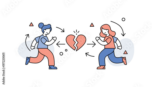 Understanding in relationships. A central heart icon is split and then gently reconnecting between two figures, symbolizing emotional repair. Minimal curved