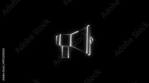 Neon speaker loud sound on black background. Neon glowing megaphone icon animation.