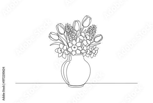 "Floral Table Arrangement". Minimalistic one-line drawing a vase with spring flowers sitting on a flat surface with gentle petal details, continuous single