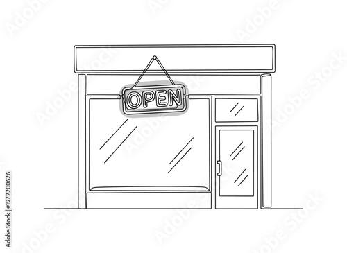 "Neon Open Sign Storefront". Minimalistic one-line drawing a shop window with a hanging open sign and simple storefront details, continuous single black line