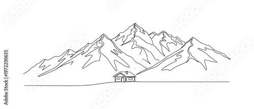 "Alpine snow scene". Minimalistic one-line drawing cabin nestled among high mountains with snow lines and minimal horizon contour, continuous single black line