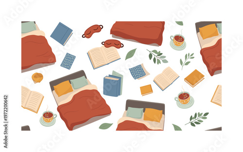 Healthy sleep habits, seamless pattern, repeating pattern, surface design, textile print, cozy arrangement of beds, pillows, sleep masks, books and herbal tea