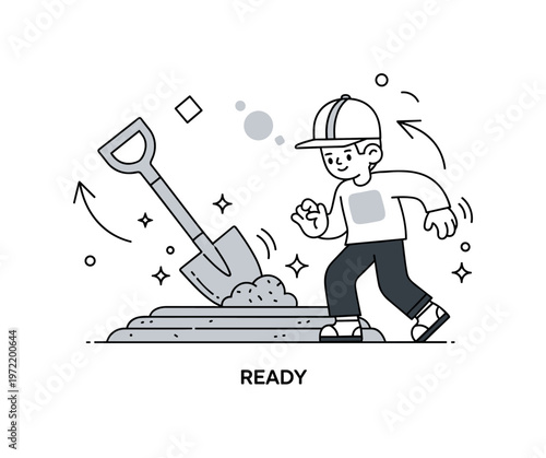 Preparing the soil. A shovel is the main object, turning fresh soil into neat rows, with small clumps and minimal texture lines suggesting readiness. Tiny