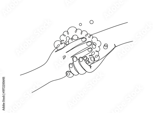 "Soap and Bubbles Scene". Minimalistic one-line drawing hands rubbing together with foam bubbles indicating proper hygiene practice, continuous single black