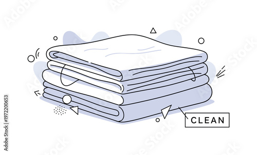 Fresh bedding. A stack of clean linens is the focal point, with soft folds and minimal shading showing texture. A ?CLEAN? label and tiny decorative dots