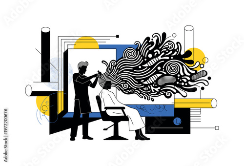 retro salon scene with stylist and client in silhouette, black and white figures with bold white contour, hair expanding into rhythmic patterns and abstract