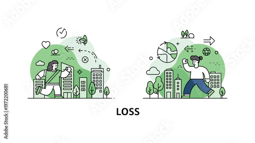 Environmental impact. Green spaces shrink between urban developments, with soft lines and icons showing loss of nature and habitat. A ?LOSS? caption reinforces