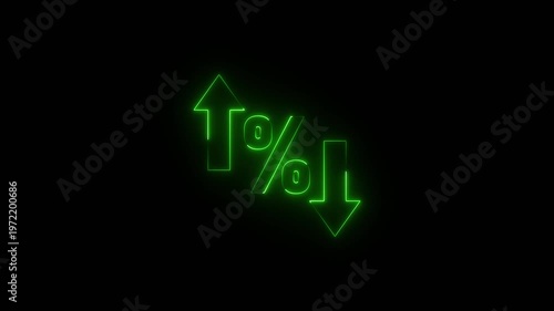 Perfect for reports and dashboards. Neon glowing percentage growth and decline icon with up and down arrows. Up and down percentage arrows icon.