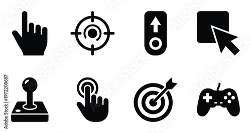 Collection of eight black icons representing computer cursors game controllers and targets on grey background