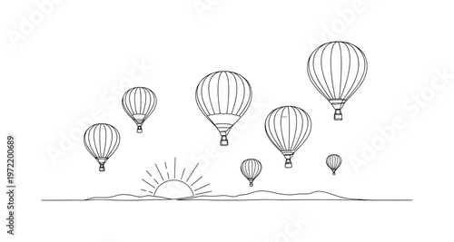 "Hot air balloons festival sunrise". Minimalistic one-line drawing several hot air balloons rising with simple horizon and subtle sun outline in background,