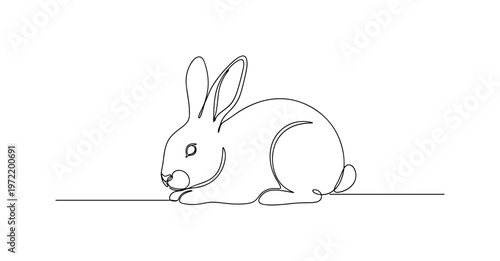 "Soft nature moment". Minimalistic one-line drawing calm rabbit with slightly lowered head and relaxed form creating a serene composition, continuous single