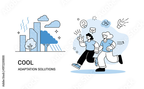 Cooling solutions. A city element like a tree or shaded area provides relief, with cooler blue tones contrasting the surrounding heat. A ?COOL? caption and