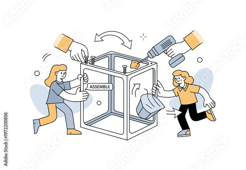 Assembly process. A central planter frame comes together as hands secure pieces with screws or a drill, with curved arrows showing step-by-step construction. A