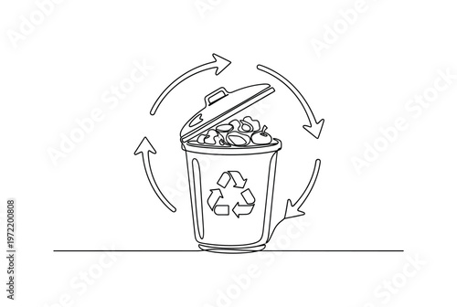 "Sustainable Garden Cycle". Minimalistic one-line drawing a compost bin with arrows suggesting transformation of food scraps into soil, continuous single black