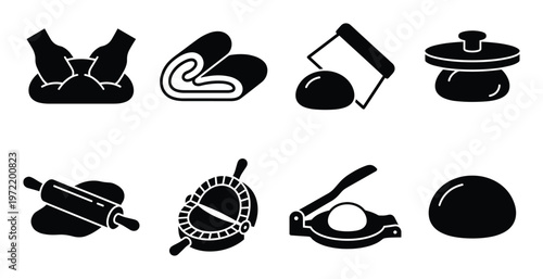 Dough preparation and baking tools icons set for bread making process and pastry cooking illustration