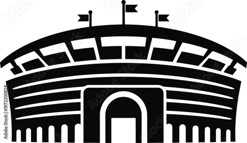 Stylized black and white illustration of a grand stadium with flags on top isolated on transparent background