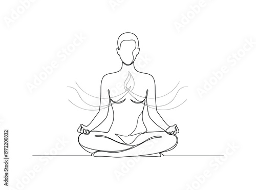 "Mindfulness Breathing Scene". Minimalistic one-line drawing a seated figure with gentle flowing lines indicating calm breathing and inner focus, continuous