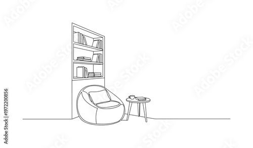 "Quiet Study Nook". Minimalistic one-line drawing a corner with shelves, books, and a cozy chair arranged for focused reading, continuous single black line on