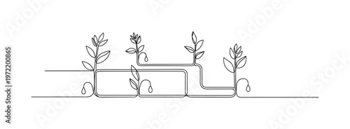 "Efficient Irrigation Scene". Minimalistic one-line drawing plants connected by tubing with small drops indicating precise water usage, continuous single black