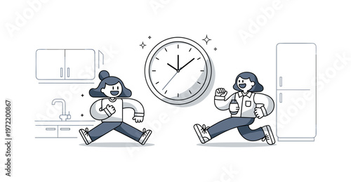 Minimal kitchen wall clock. A clean, modern clock sits centered as the main object, with simple geometric cabinets hinted in the background. Tiny sparkles and