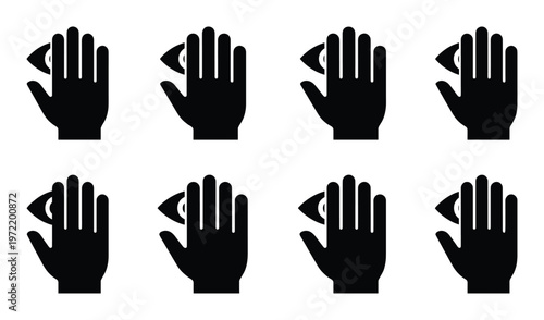 Eight black silhouette icons showing hands covering or partially revealing eyes in various positions, privacy concept