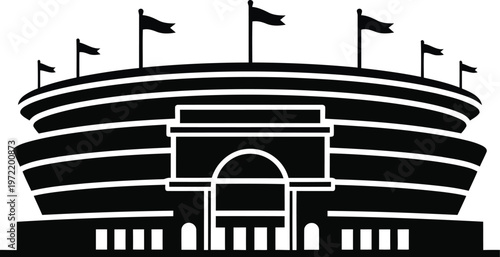 Stylized black and white illustration of a large modern sports stadium with flags