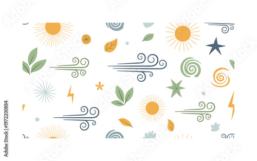 sun wind and nature elements, seamless pattern, repeating pattern, surface design, textile print, symbolic sun rays wind swirls leaves and energy icons