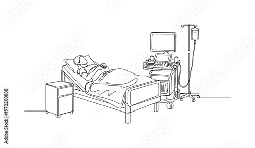 "Prenatal Care Setup". Minimalistic one-line drawing a patient on a bed with ultrasound equipment and simple medical environment elements, continuous single