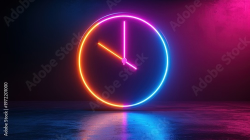 Minimalist Neon Clock Glowing In Dark Cyberpunk Futuristic Studio Background