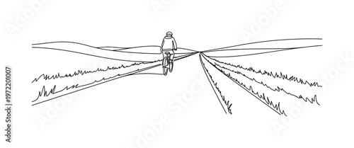 "Field path ride". Minimalistic one-line drawing person on bike moving along country lane with gentle undulating fields on both sides, continuous single black