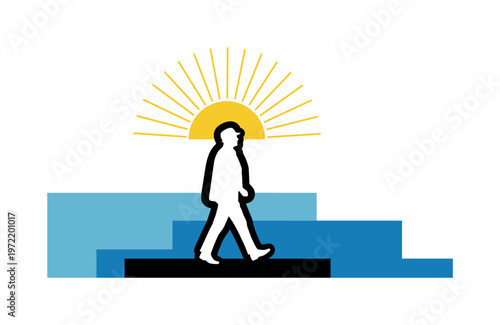 retro scene of a figure walking under a symbolic sun, black and white silhouette with bold white contour, sun represented as geometric semicircle