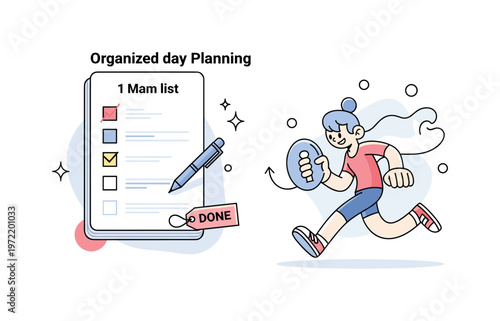 Organized day planning. One main list is displayed with color-coded priority levels, with a pen marking an important task. Small sparkles and a ?DONE? tag