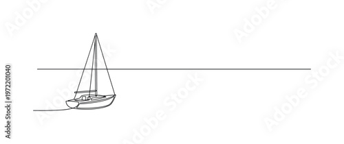 "Sailing boat on calm sea horizon". Minimalistic one-line drawing small sailboat with single mast floating on smooth sea with distant horizon line, continuous