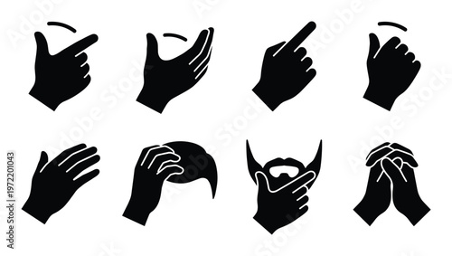 Hand gesture icon collection including pointing fingers snapping fingers and folded praying hands sign