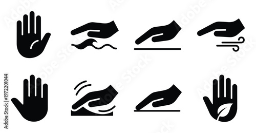 Hand gesture icons, palm, waving, touching, wiping, eco friendly hand, wind