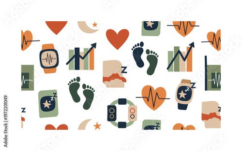 Health data icons, seamless pattern, repeating pattern, surface design, textile print, playful layout of hearts, steps, graphs, sleep symbols and wearable