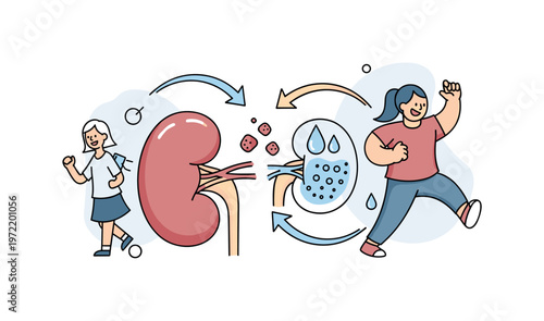 Kidney filtration process. One central kidney shape is highlighted, with tiny particles being separated into clean and waste streams. Curved arrows and