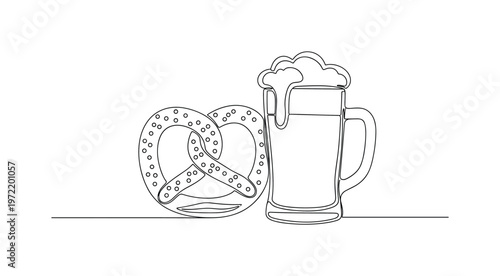 "Bavarian Feast Scene". Minimalistic one-line drawing a pretzel with curved loops next to a frothy beer mug creating a cozy festive composition, continuous