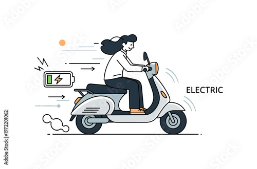 Electric mobility. A compact electric scooter glides forward with a battery icon and gentle energy lines surrounding it. A small ?ELECTRIC? caption highlights