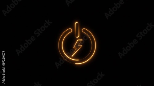 Animated neon glowing lighting power sign with charging icon inside on black background. Glowing on and off button.