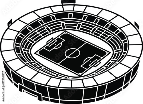 Stylized isometric view of a football stadium with a soccer field and grandstands